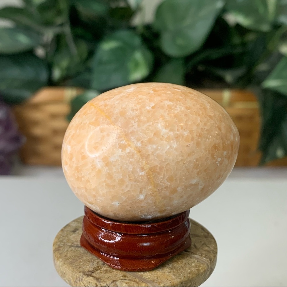 Natural Orange Calcite Egg Polished Crystal Meditation Stone with Wood Stand 2" - Picture 6 of 12